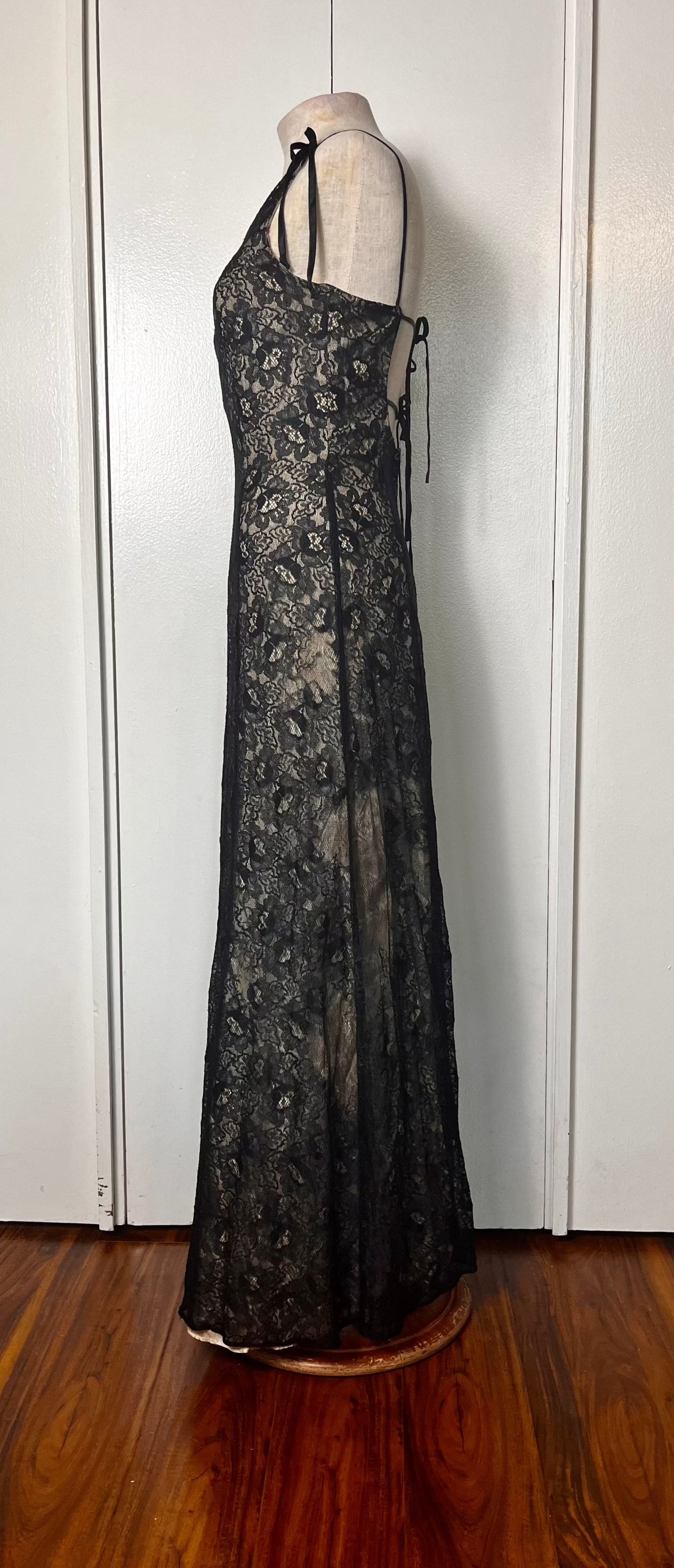 Vintage 1990's "Roberta" Black Lace One Shoulder Maxi Dress (Flawed)