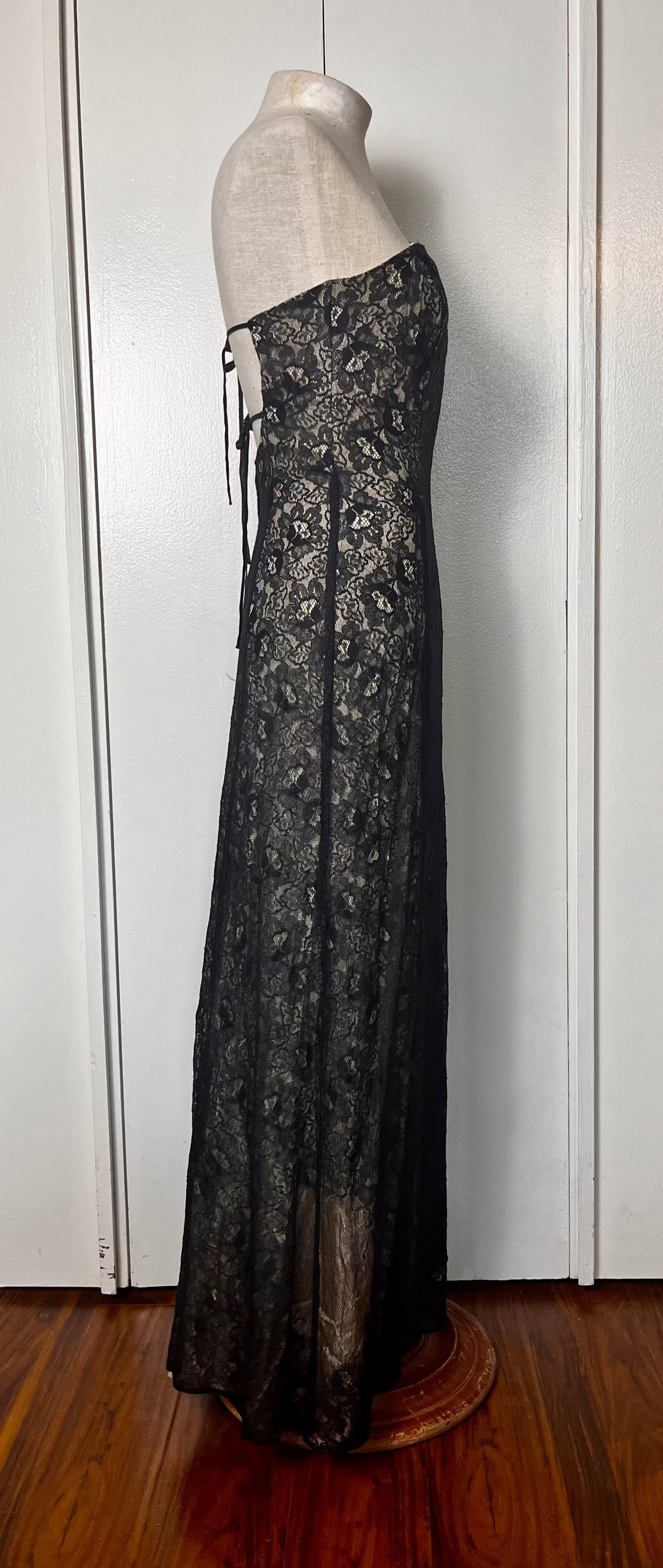 Vintage 1990's "Roberta" Black Lace One Shoulder Maxi Dress (Flawed)