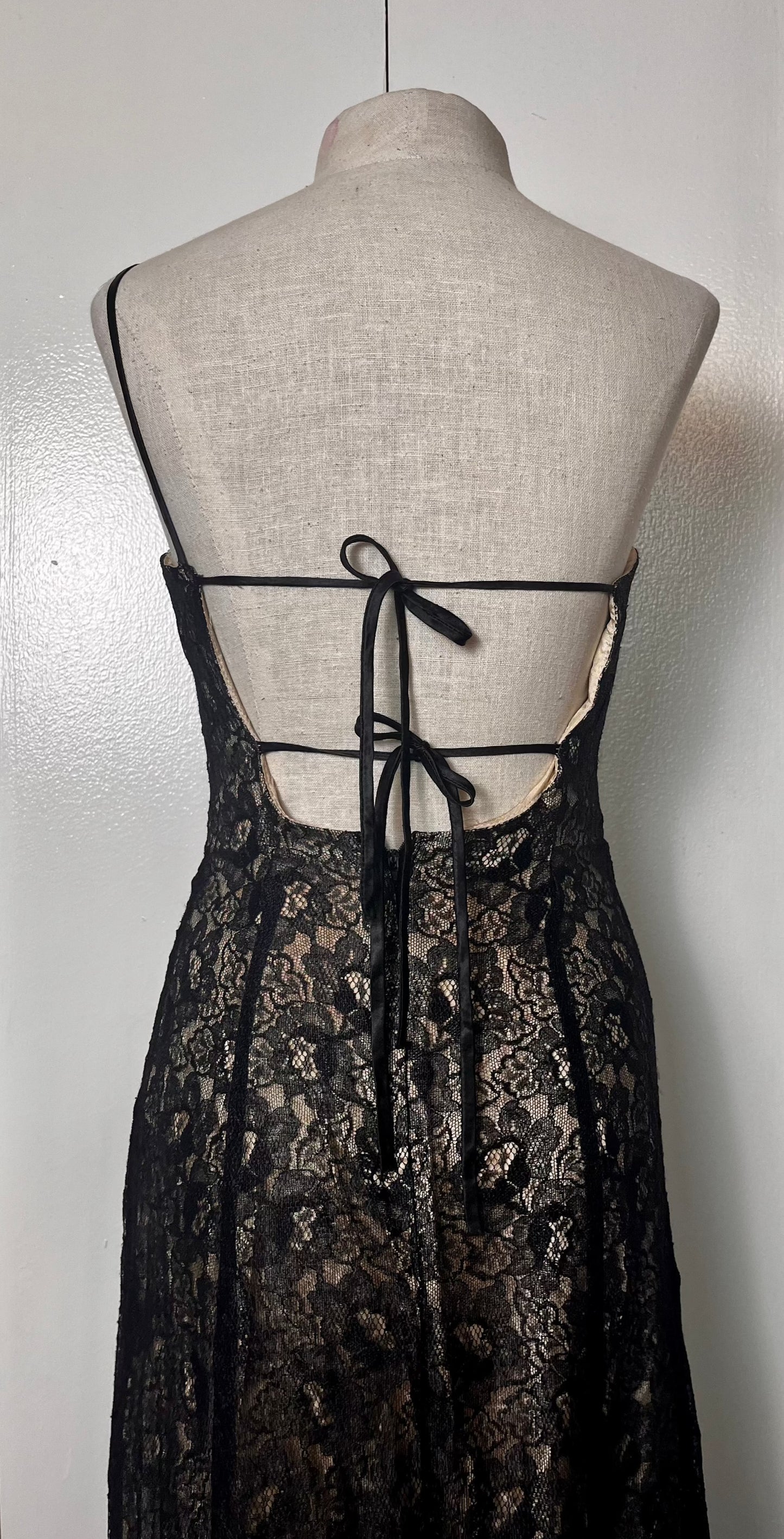 Vintage 1990's "Roberta" Black Lace One Shoulder Maxi Dress (Flawed)