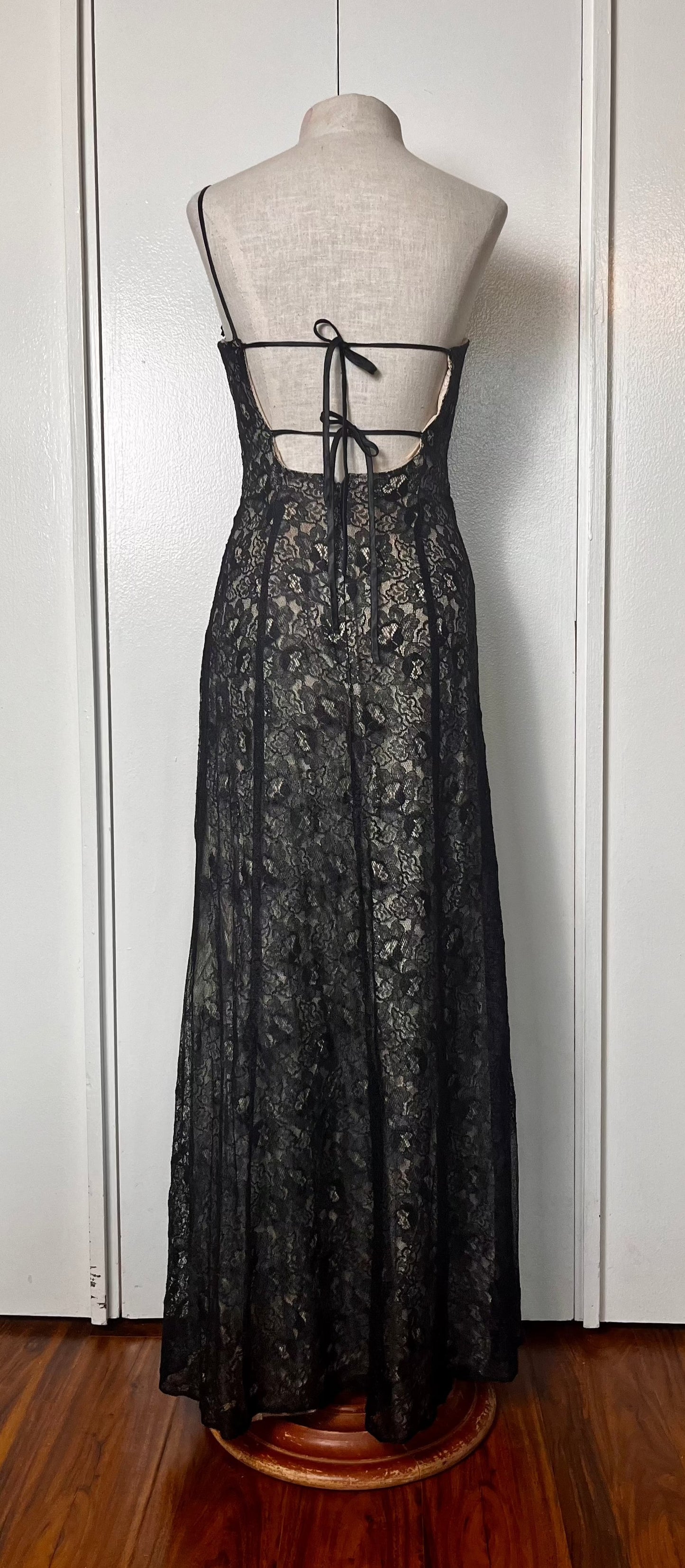 Vintage 1990's "Roberta" Black Lace One Shoulder Maxi Dress (Flawed)
