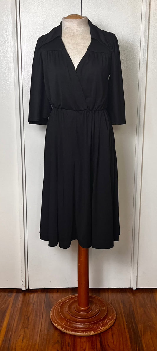 Vintage 1970's "Ayres Unlimited" Black Jersey-Knit Collared Stretch-Waist Dress