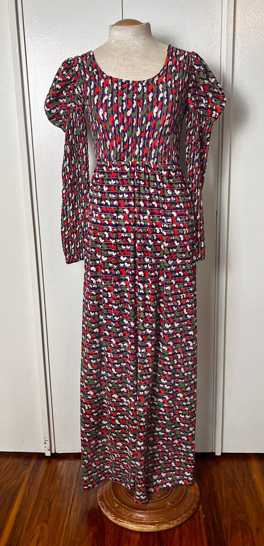 Vintage 1970's "Denise Are Here" Bird-Print Long Puff Sleeve Stretchy Maxi Dress