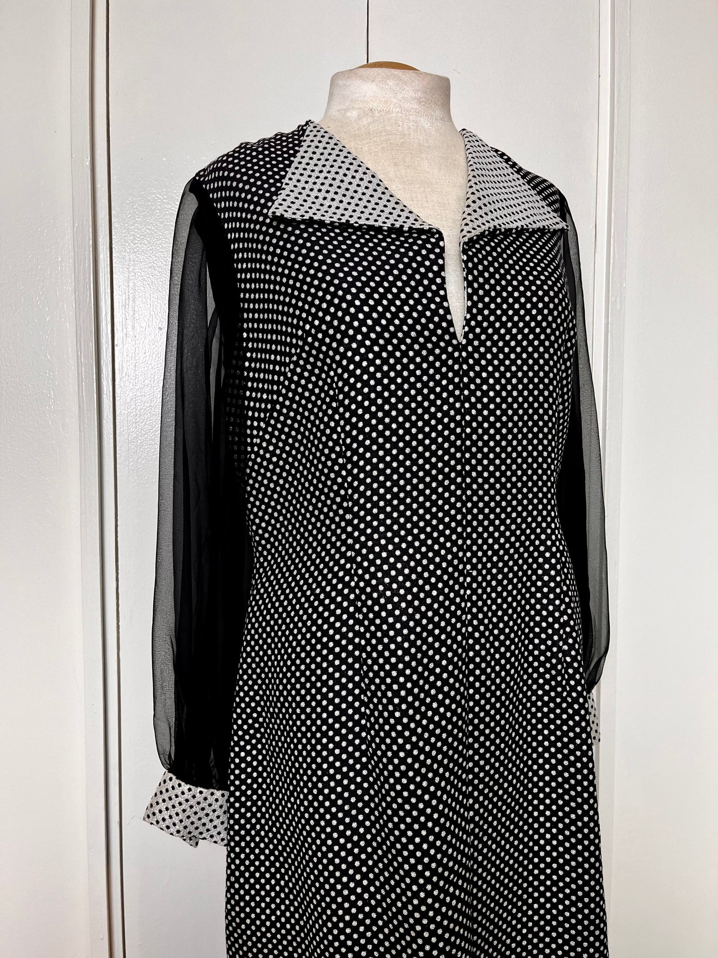 Vintage 1960's "Utah Tailoring Mills" (Custom-Made) Black & Silver Shiny Polka Dot with Chiffon Balloon Sleeve and Collared Sheath Dress