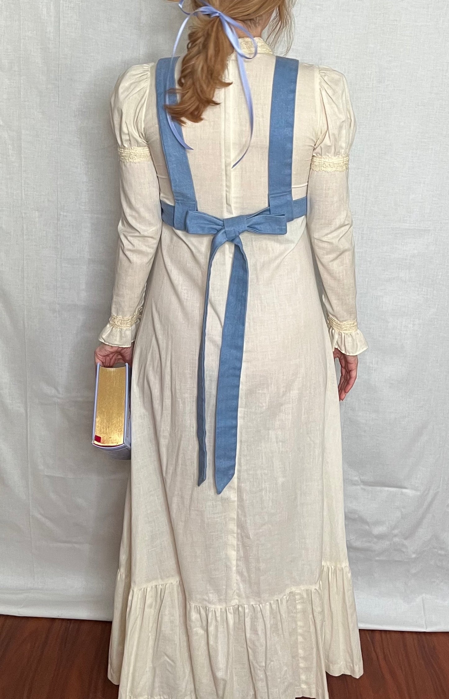 Vintage 1960’s "Gunne Sax of California" Denim Chambray and Cotton Muslin Apron Front Long Sleeve Maxi Dress
