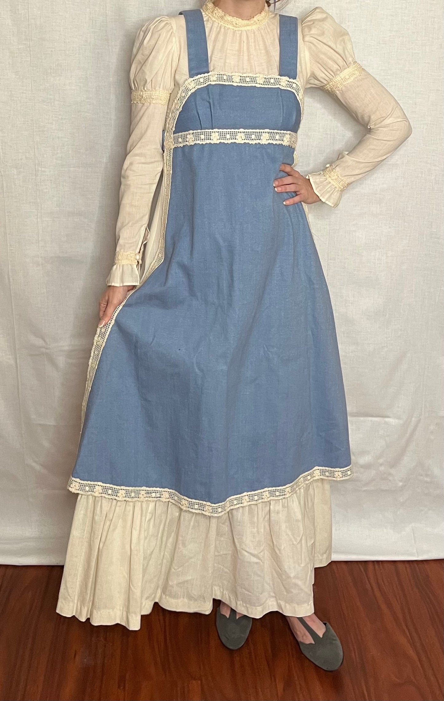 Vintage 1960’s "Gunne Sax of California" Denim Chambray and Cotton Muslin Apron Front Long Sleeve Maxi Dress