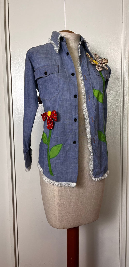Vintage 1970's "JCPenney" Denim ChambrayLong Sleeve Blouse with Patchwork Flower Appliqués