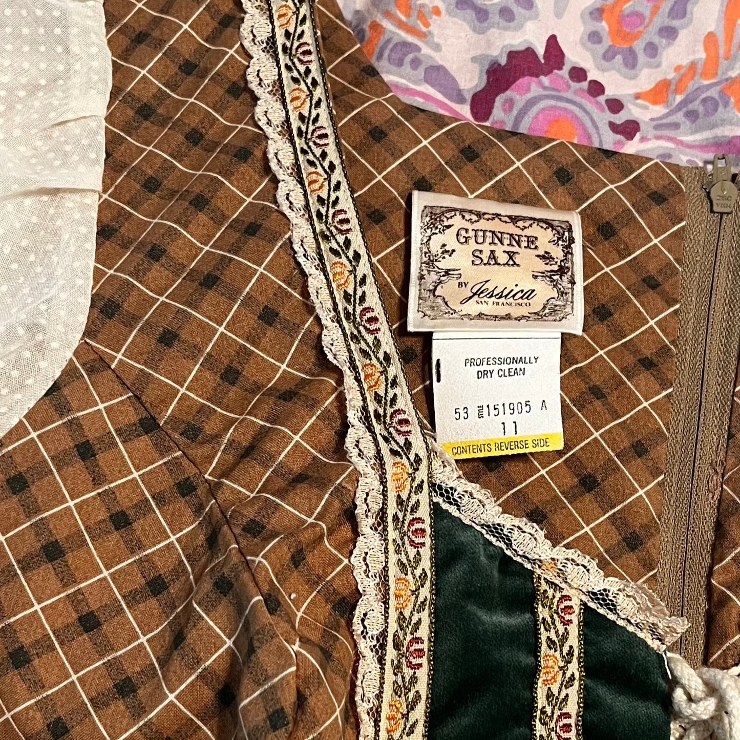 Vintage 1970’s "Gunne Sax by Jessica McClintock" Beige & Green Calico & Velvet Midi Dress (Altered)