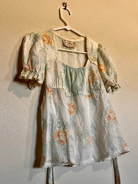 Vintage 1970's Gunne Sax by Jessica McClintock Gingham & Roses Babydoll Top