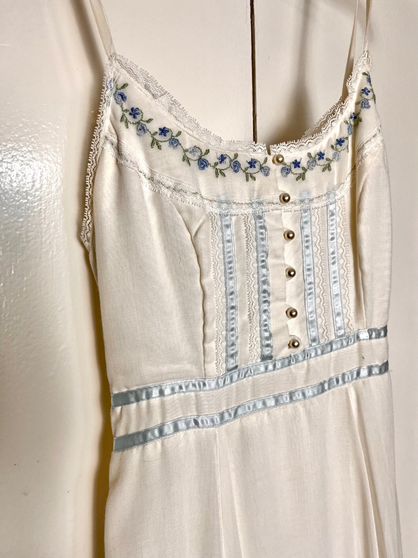 Vintage 1970's "Gunne Sax by Jessica McClintock" White with Blue Flowers Button-Front Maxi Sundress