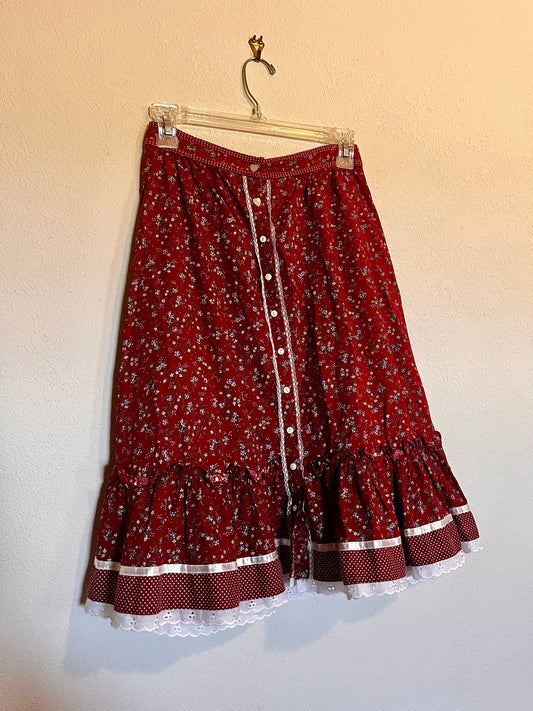 Vintage 1970’s "Gunne Sax by Jessica McClintock" (Jeunes filles) Red Calico Skirt