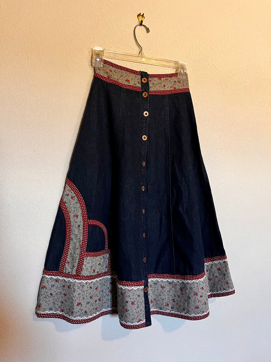 Vintage 1970’s "Gunne Sax by Jessica McClintock" Denim & Calico Midi Skirt