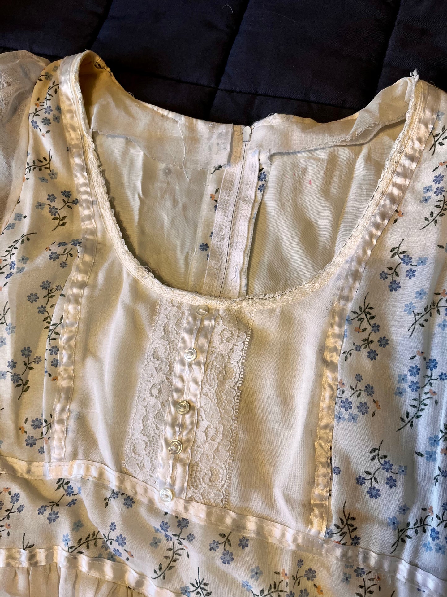 Vintage 1970’s "Gunne Sax by Jessica McClintock" White and Blue Floral Maxi Dress (Altered)