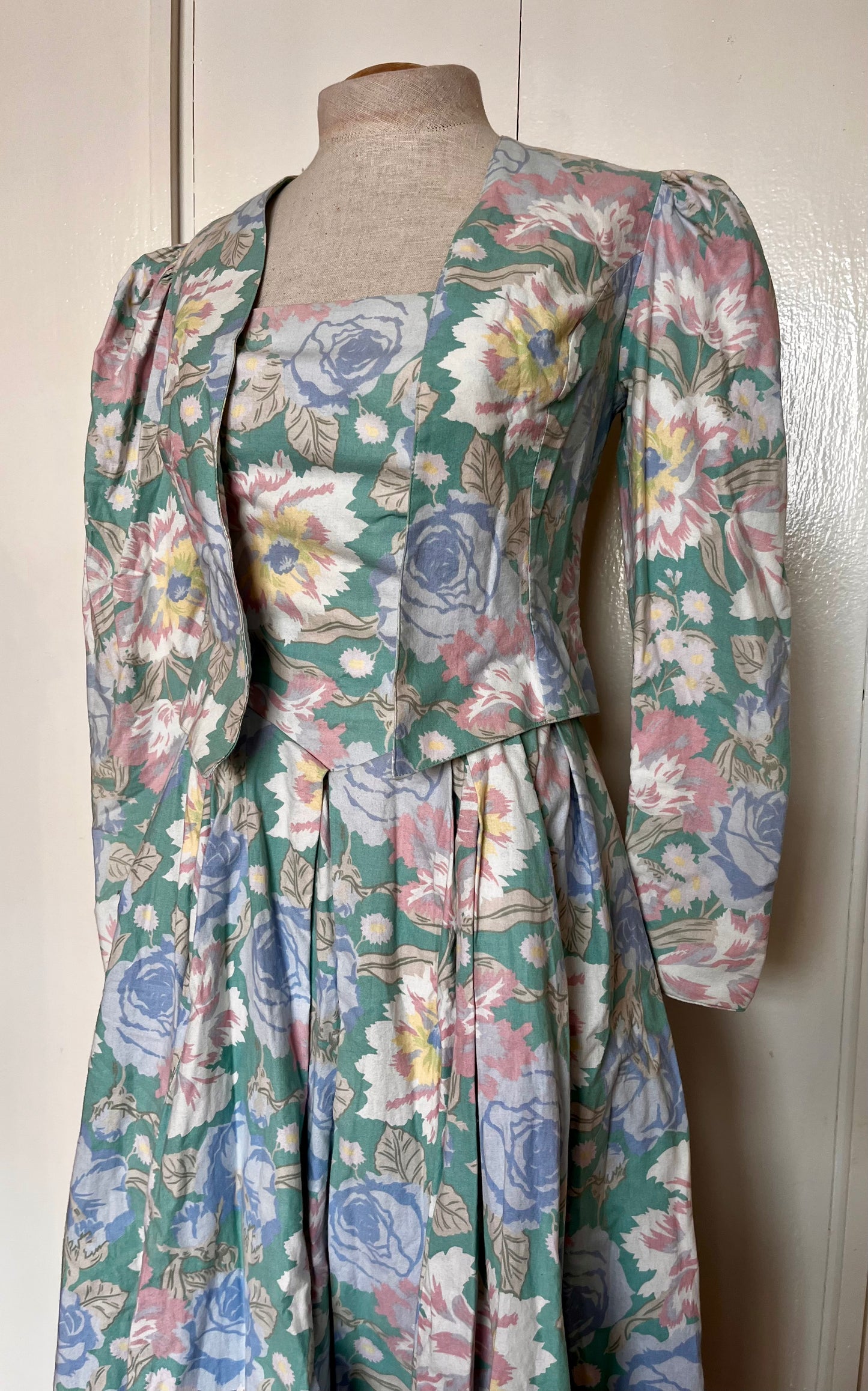 Vintage 1980’s "Laura Ashley" Jacket & Dress Set: Long Mutton Sleeve Open Jacket w/ Strapless Midi Dress in Green w/ Blue & Pink Flowers