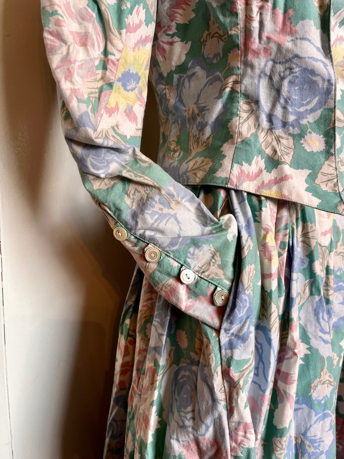 Vintage 1980’s "Laura Ashley" Jacket & Dress Set: Long Mutton Sleeve Open Jacket w/ Strapless Midi Dress in Green w/ Blue & Pink Flowers