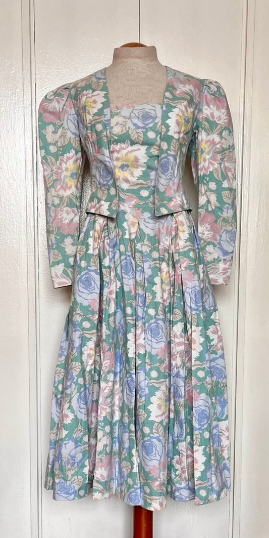 Vintage 1980’s "Laura Ashley" Jacket & Dress Set: Long Mutton Sleeve Open Jacket w/ Strapless Midi Dress in Green w/ Blue & Pink Flowers