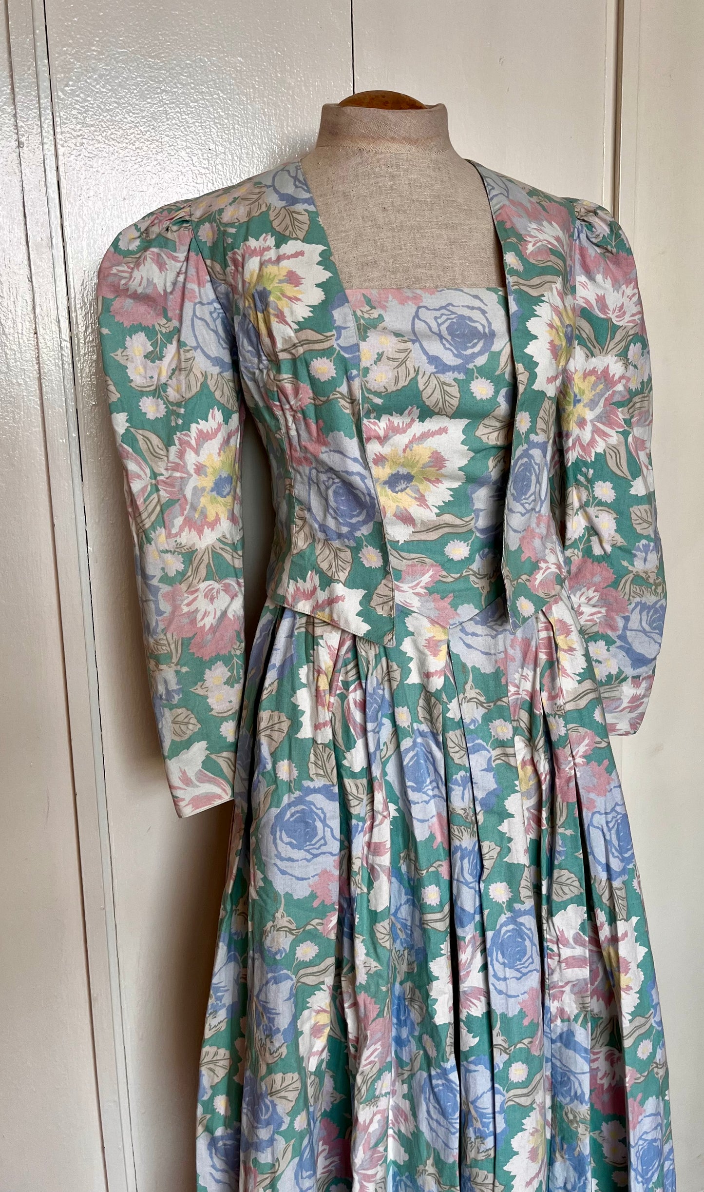 Vintage 1980’s "Laura Ashley" Jacket & Dress Set: Long Mutton Sleeve Open Jacket w/ Strapless Midi Dress in Green w/ Blue & Pink Flowers