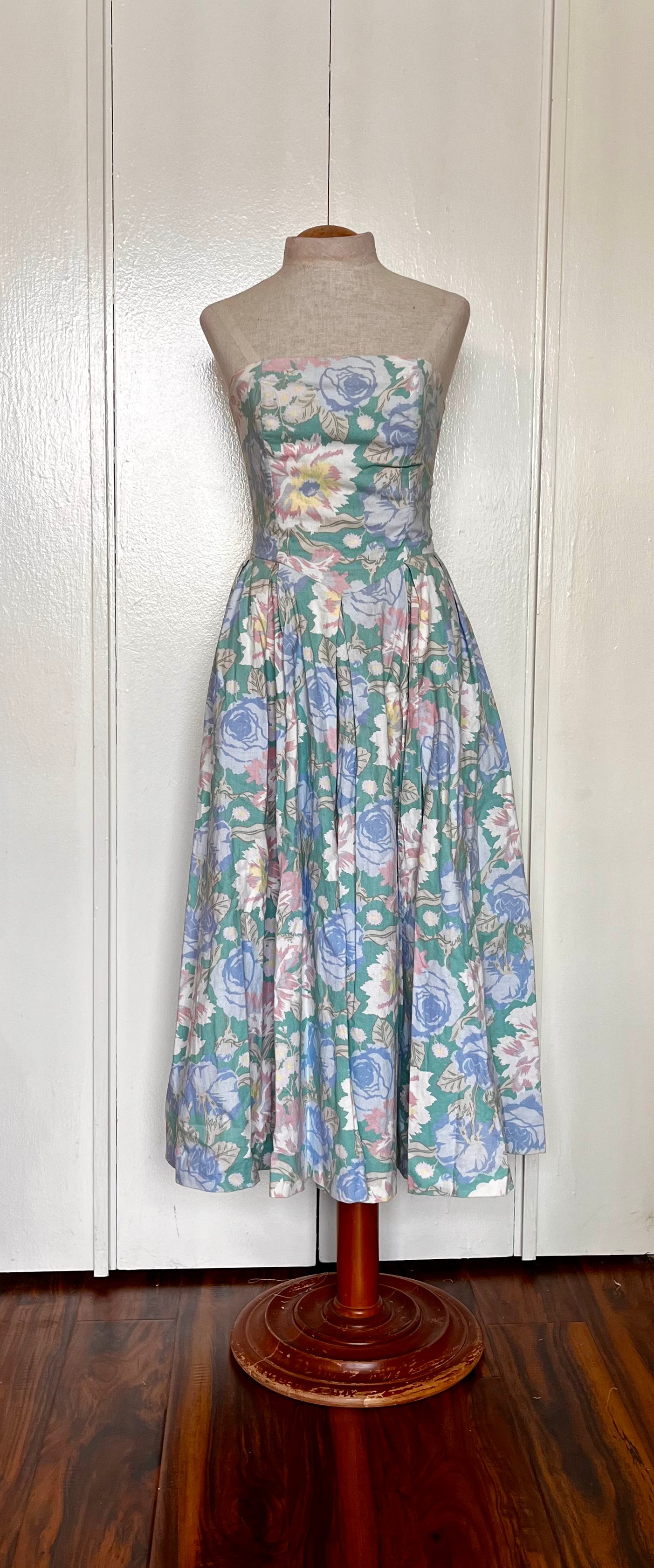 Vintage 1980’s "Laura Ashley" Jacket & Dress Set: Long Mutton Sleeve Open Jacket w/ Strapless Midi Dress in Green w/ Blue & Pink Flowers