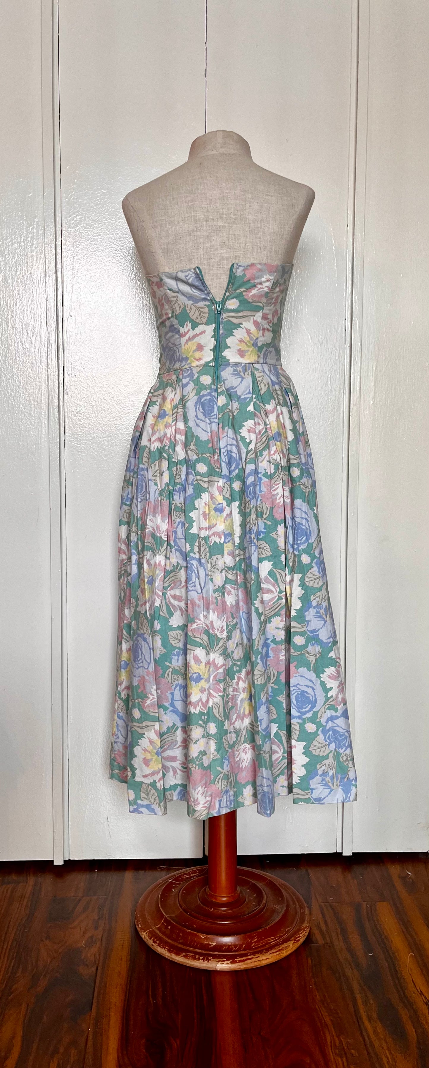 Vintage 1980’s "Laura Ashley" Jacket & Dress Set: Long Mutton Sleeve Open Jacket w/ Strapless Midi Dress in Green w/ Blue & Pink Flowers