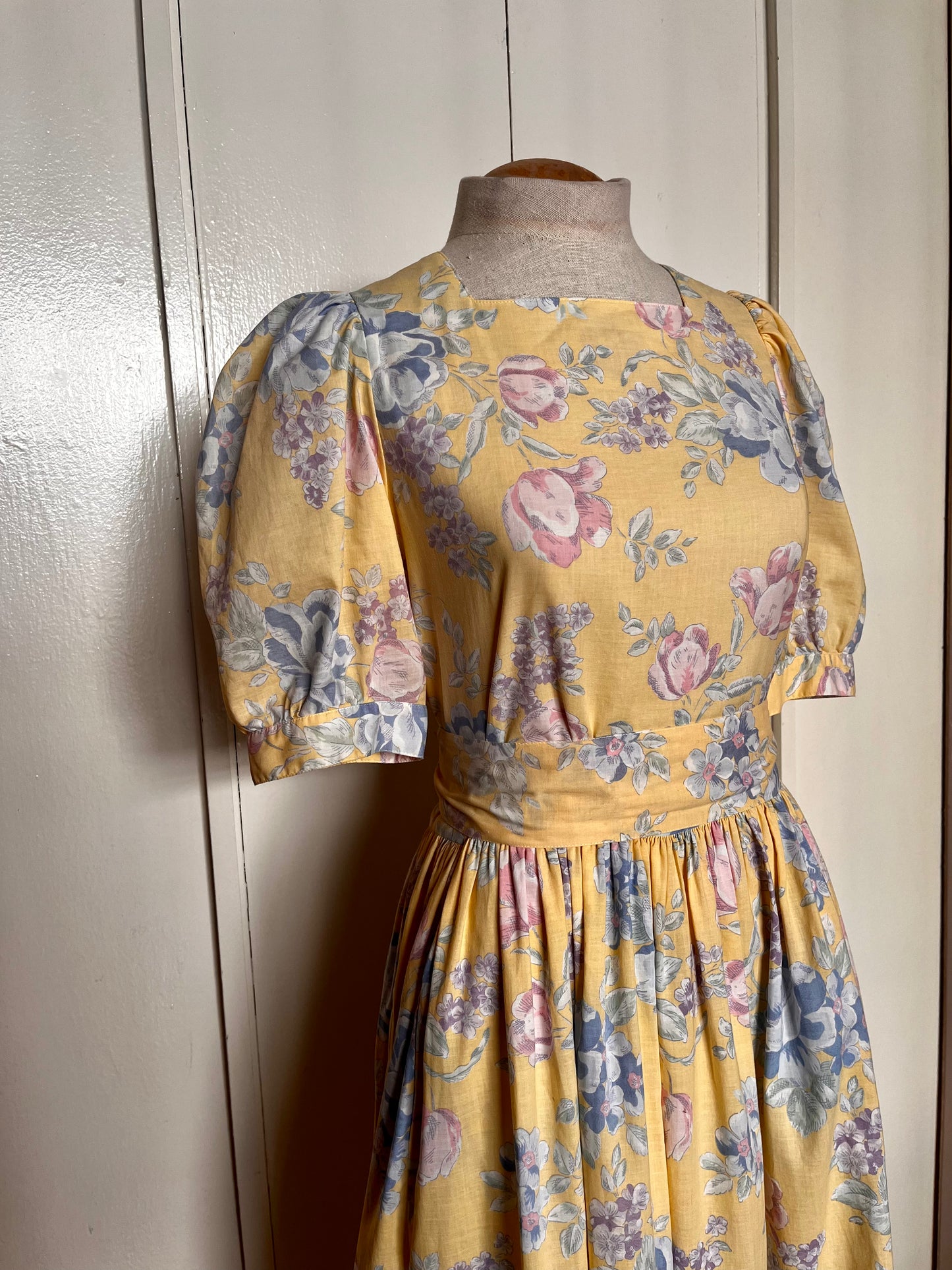 Vintage 1980’s "Laura Ashley" Yellow w/ Blue & Purple Floral Dress