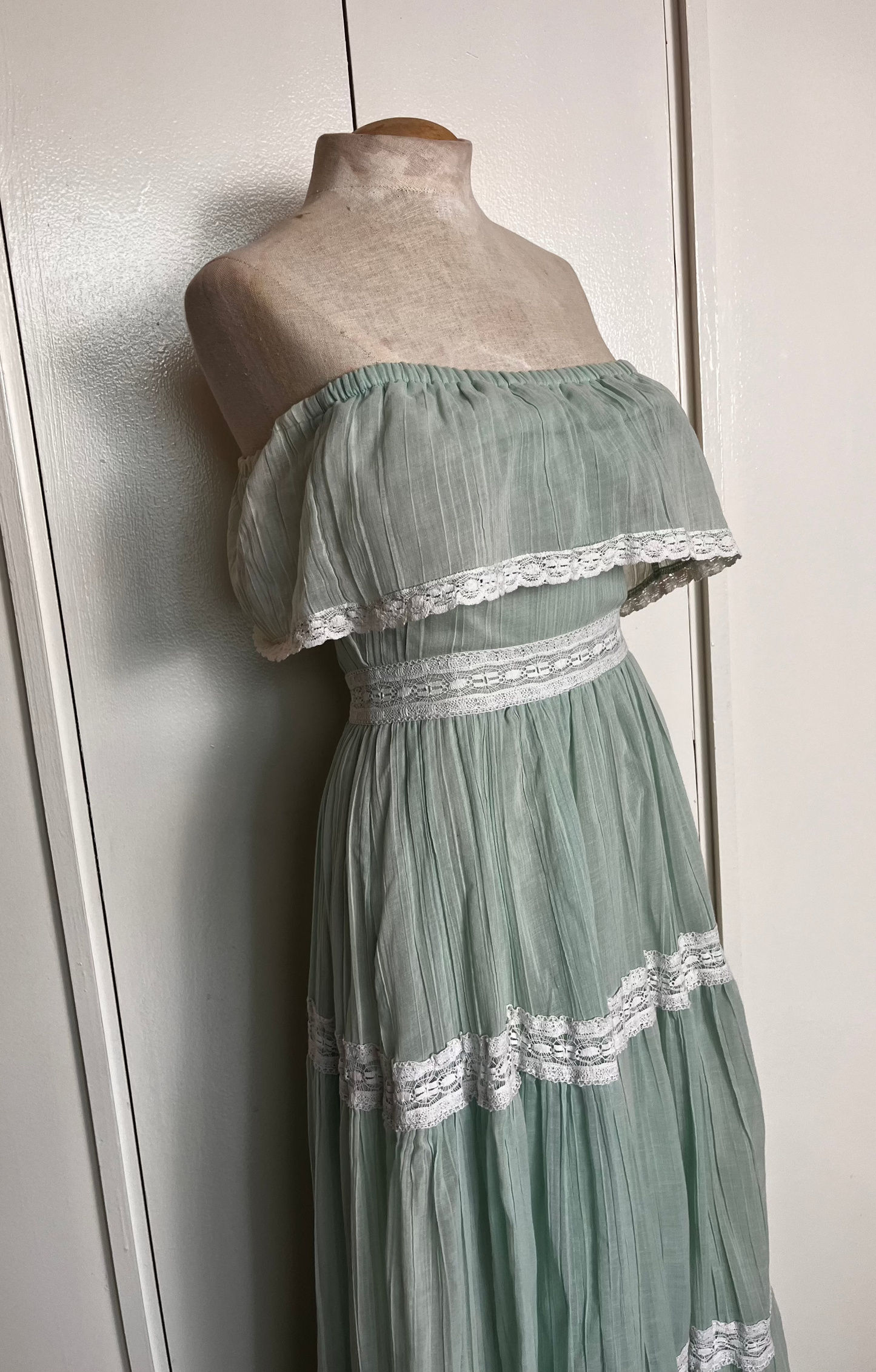 Vintage 1970's "Act 1 New York" Off-the-Shoulder Green Maxi Dress