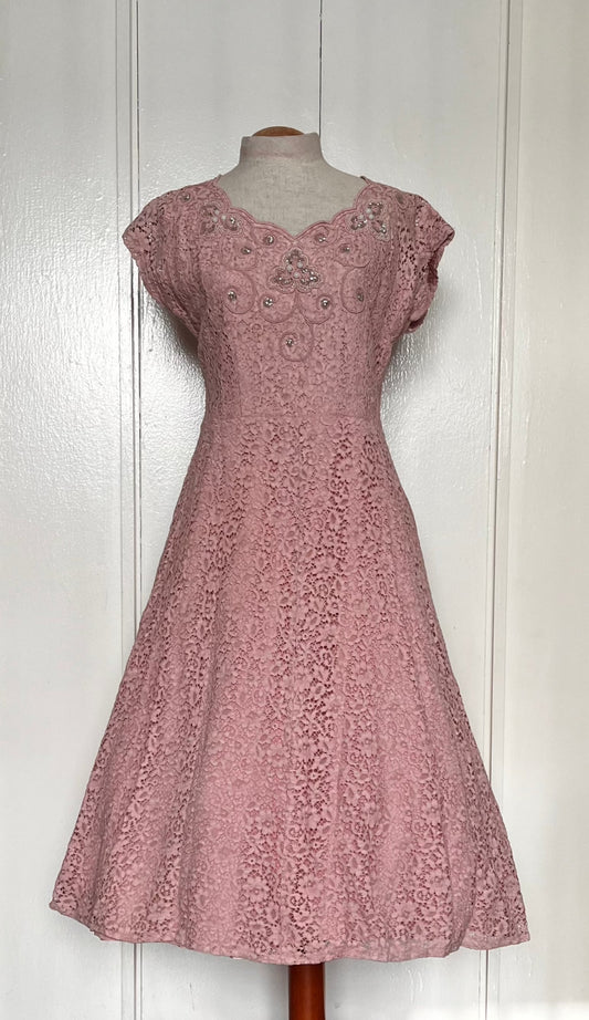 Vintage 1950's Pink Lace and Sequin Embellished Fit n Flare Dress