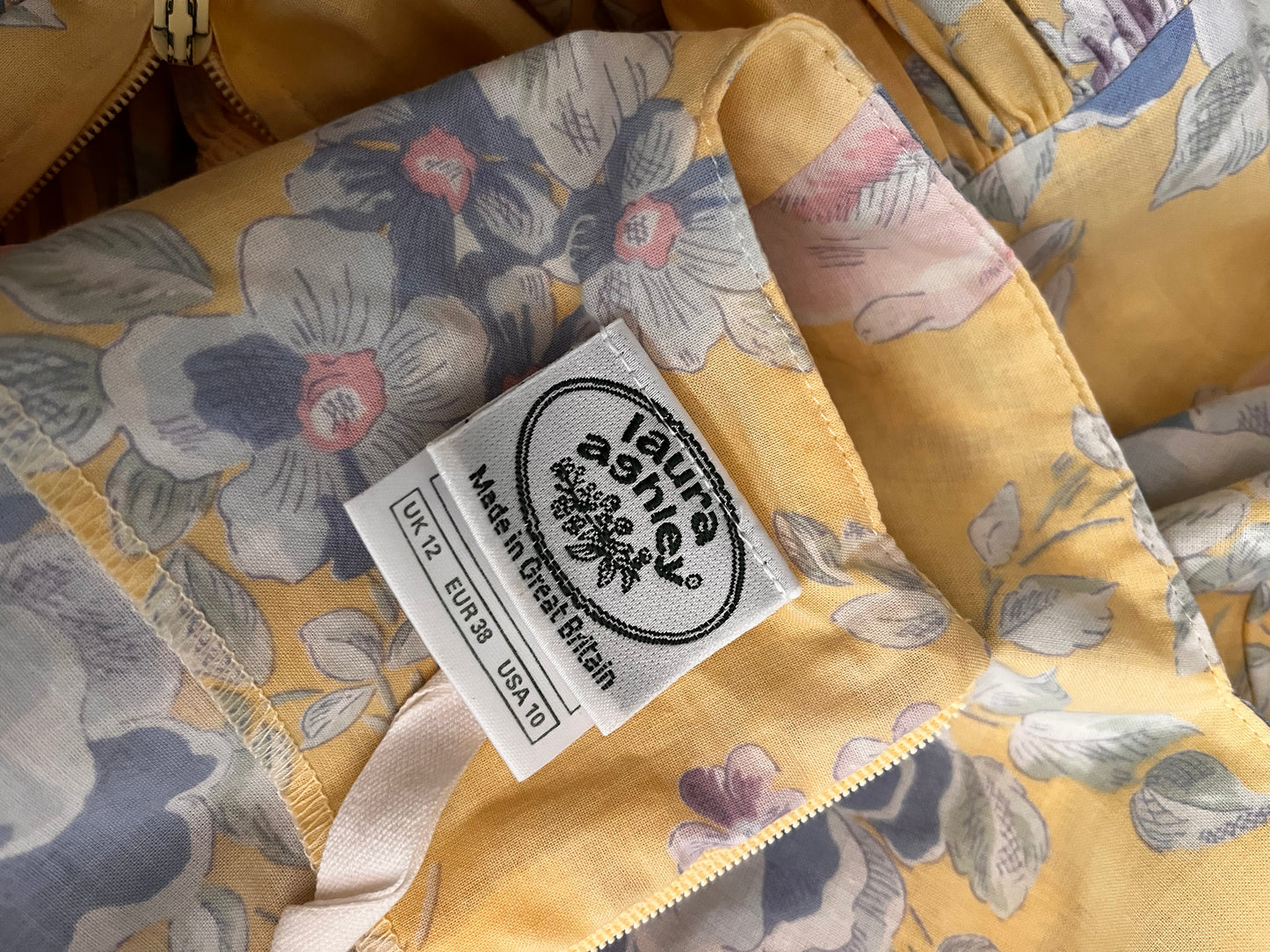 Vintage 1980’s "Laura Ashley" Yellow w/ Blue & Purple Floral Dress
