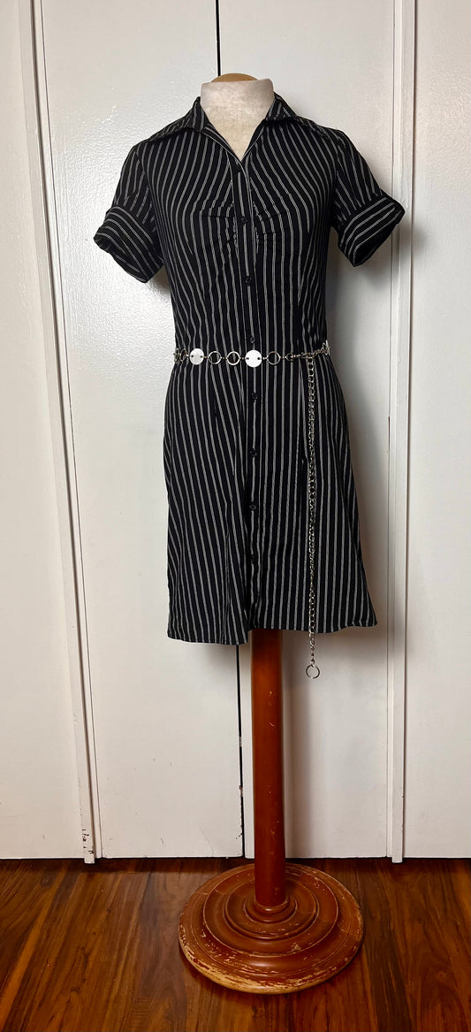 Vintage Y2K "Byer California IZ" Black Pinstripe Button-Front Mini Dress