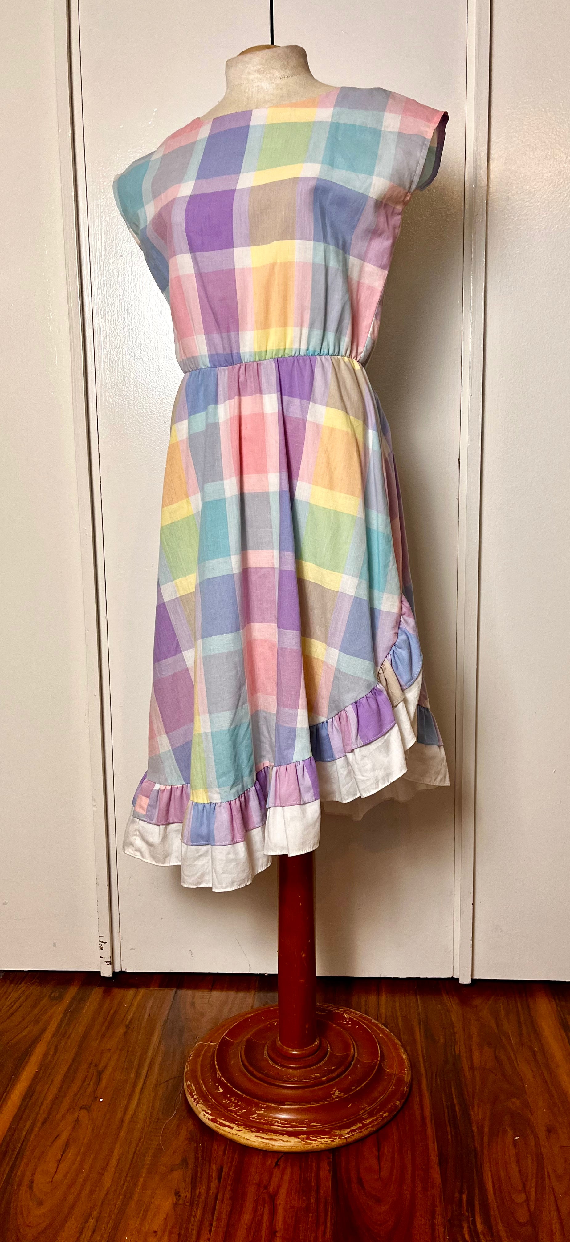 Vintage 1980's Pastel Rainbow Plaid & Ruffle Midi Dress Vintage 1980's Pastel Rainbow Plaid & Ruffle Midi Dress