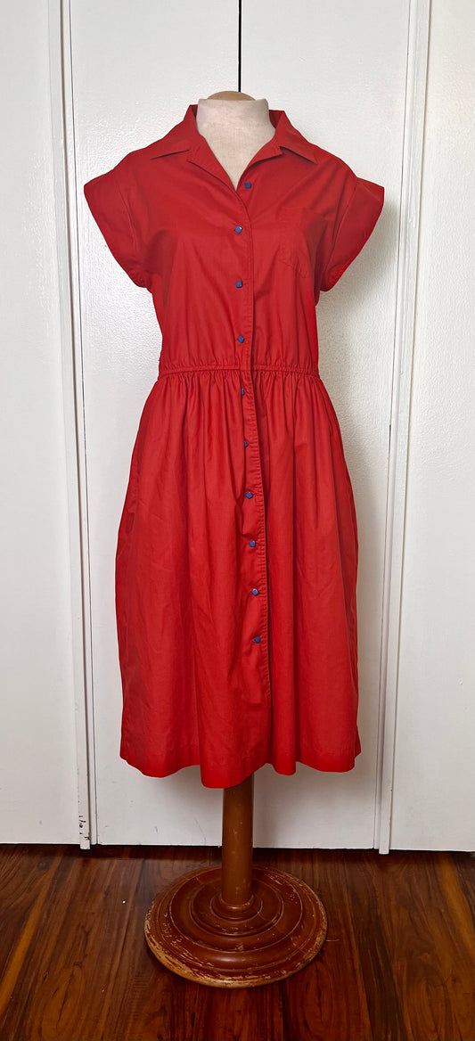 Vintage 1980's Red & Blue Button-Front Vented Day Dress