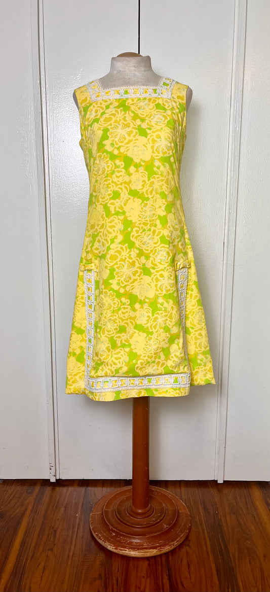 Vintage 1970's "Home-Sewn" (in the style of Lilly Pulitzer) Yellow Floral Mini Dress