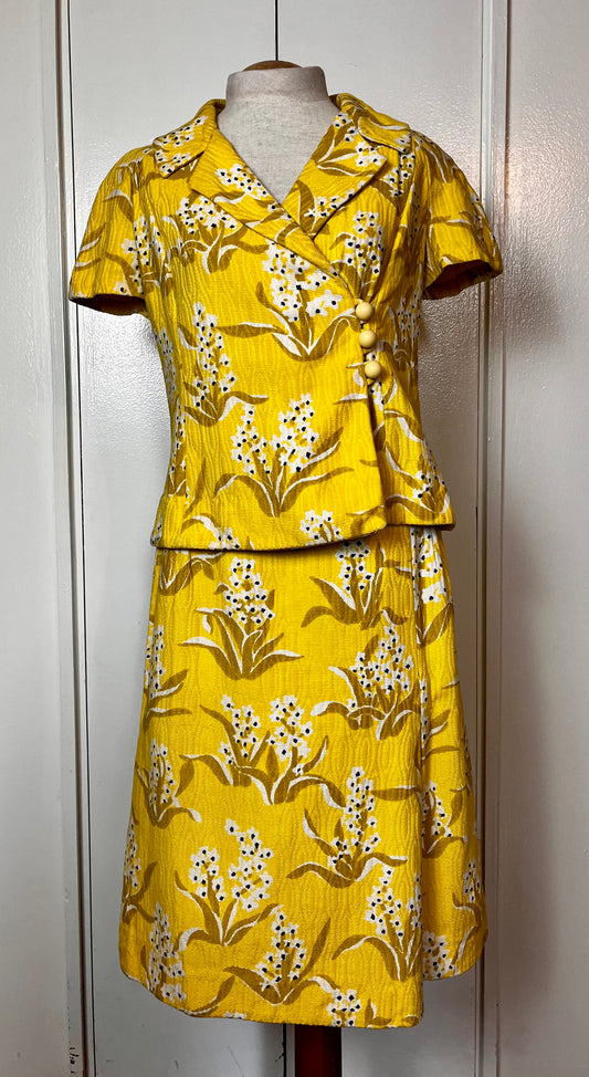 Vintage 1960’s Yellow Hydrangea-Print Tweed Two-Piece Suit: Jacket & Skirt Set