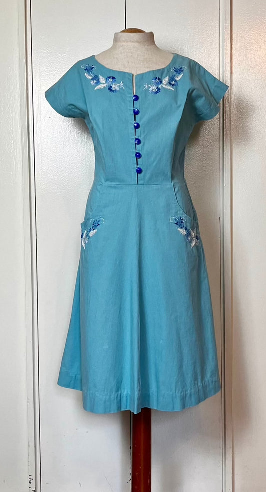 Vintage 1940’s Hand-Embroidered Cerulean Blue Day Dress