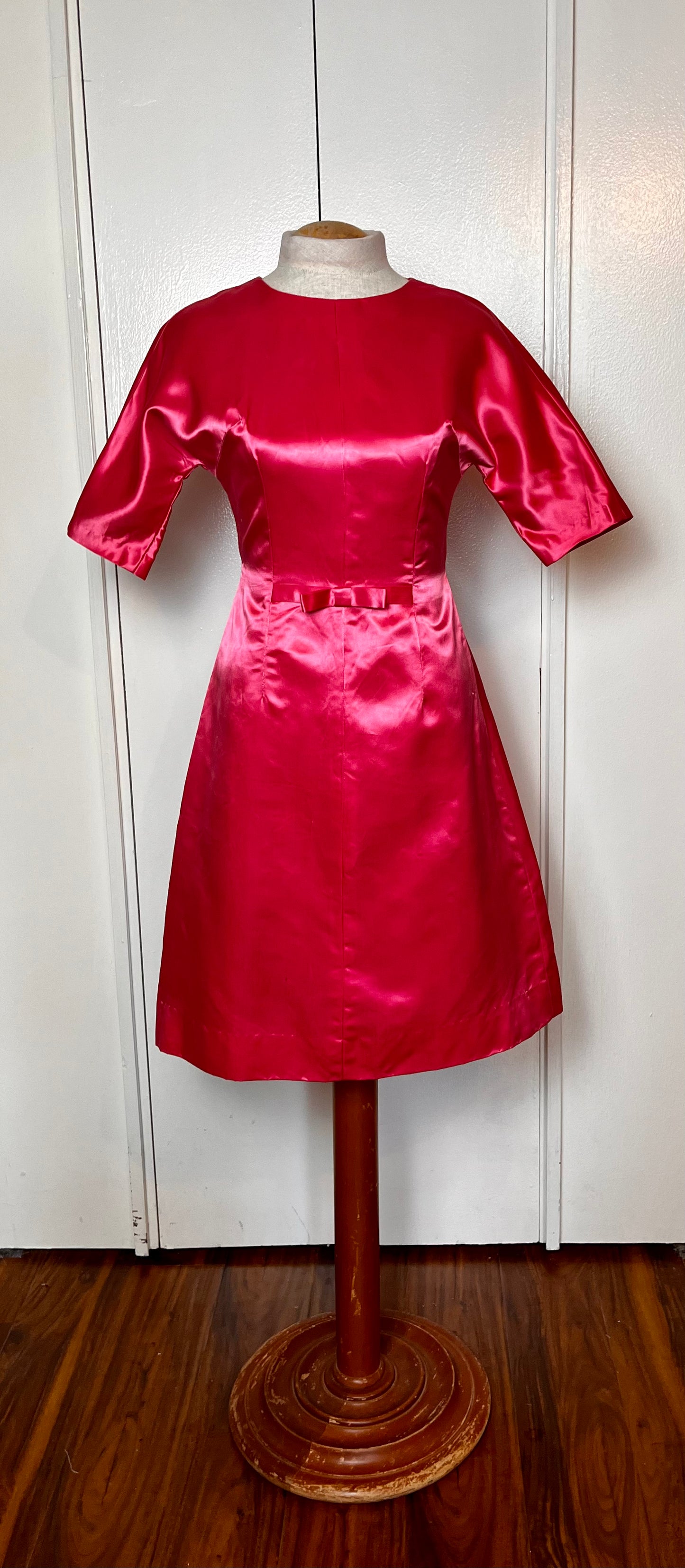 Vintage 1950’s Shocking Hot Pink Satin Three-Quarter Sleeve Sheath Dress