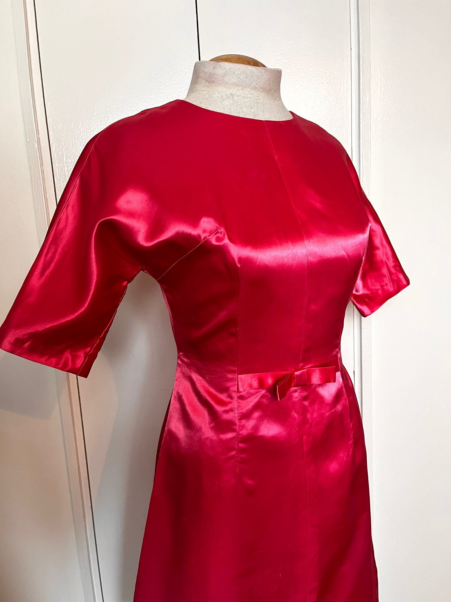 Vintage 1950’s Shocking Hot Pink Satin Three-Quarter Sleeve Sheath Dress