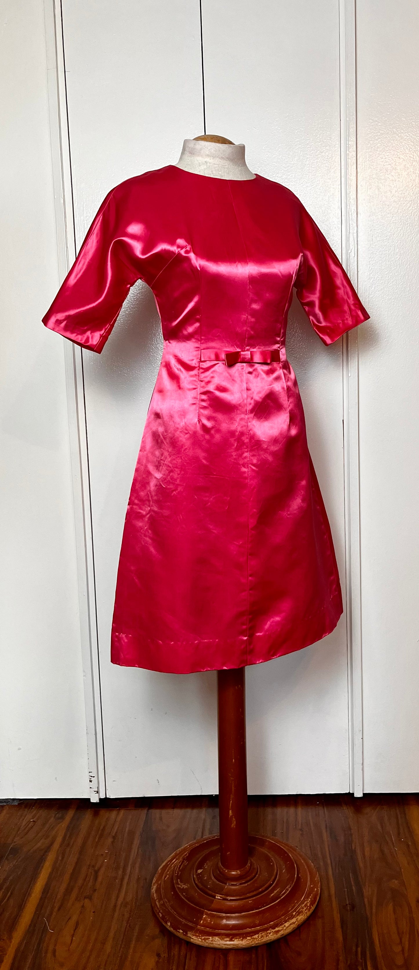 Vintage 1950’s Shocking Hot Pink Satin Three-Quarter Sleeve Sheath Dress