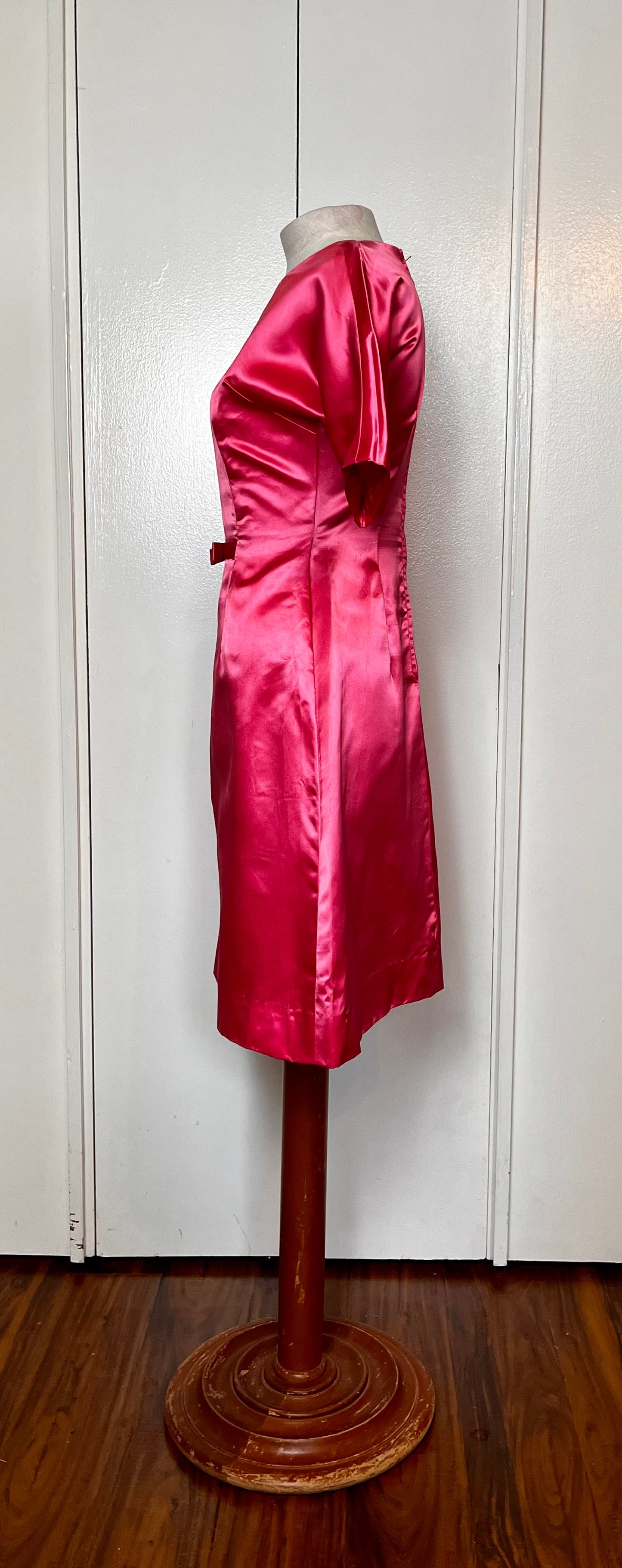 Vintage 1950’s Shocking Hot Pink Satin Three-Quarter Sleeve Sheath Dress