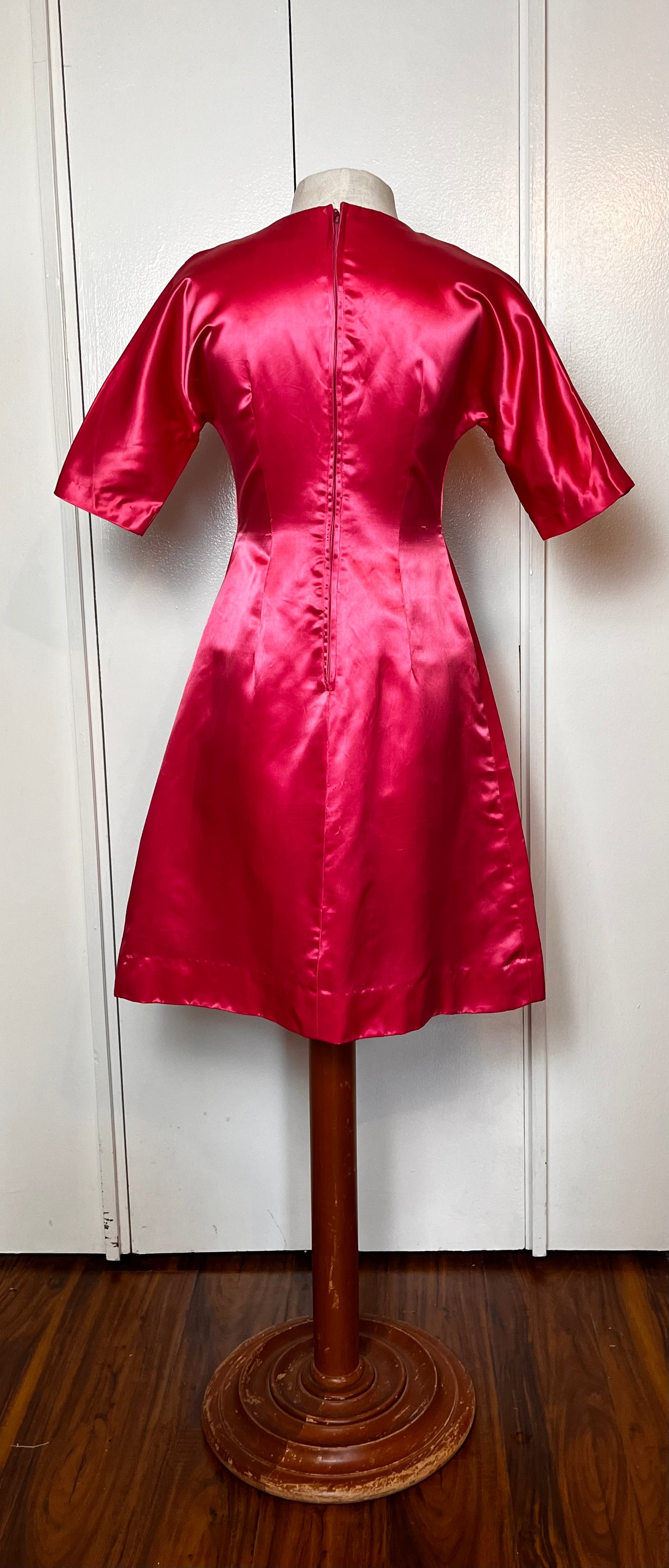 Vintage 1950’s Shocking Hot Pink Satin Three-Quarter Sleeve Sheath Dress