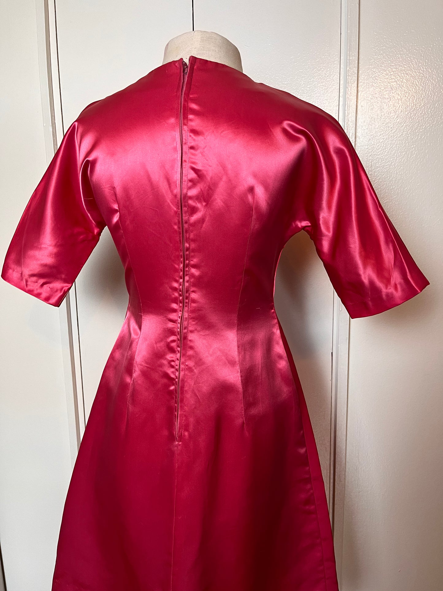 Vintage 1950’s Shocking Hot Pink Satin Three-Quarter Sleeve Sheath Dress
