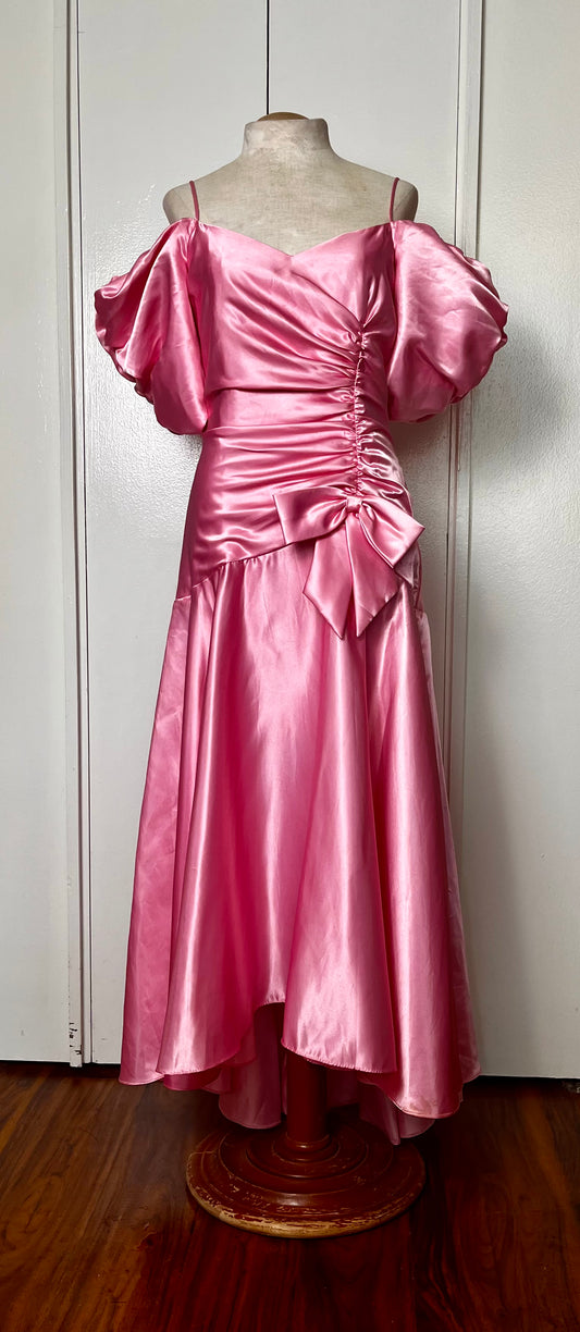 Vintage 1980's "Union-Made" Pink Satin Puff Sleeve Ruched High-Low Dress
