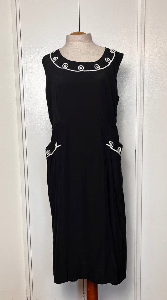 Vintage 1950's Black Sleeveless Embellished Scoop Neckline Midi Dress