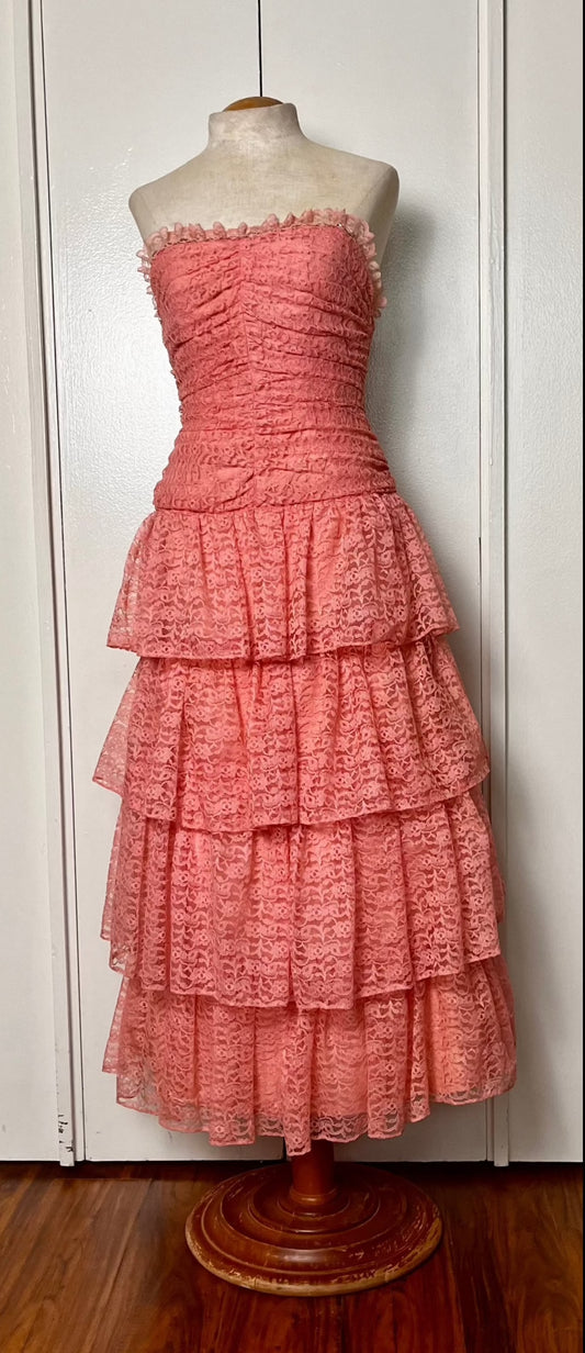 Vintage 1980's "Themes" Pink Lace & Sequin Strapless Tiered Dress