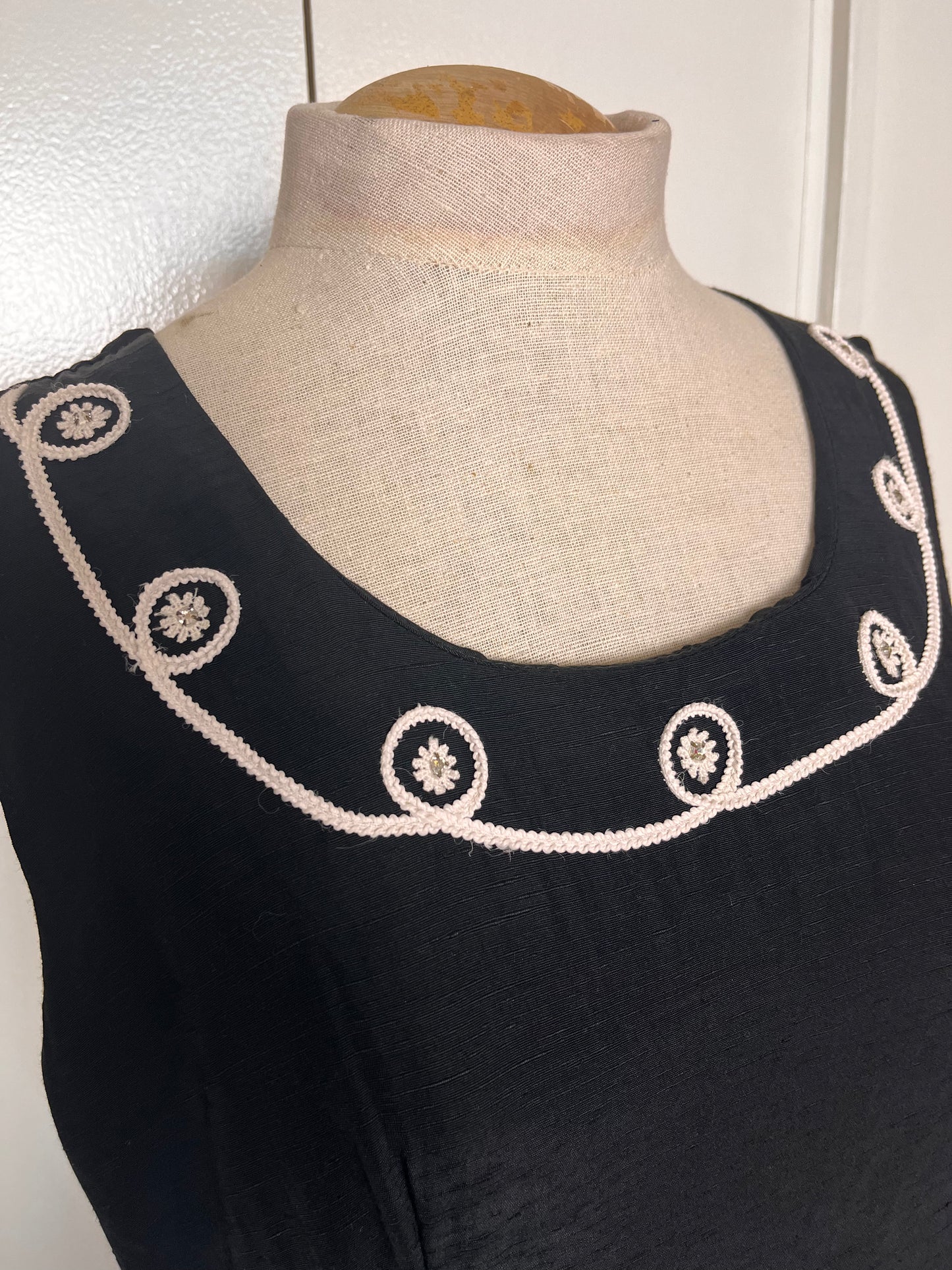 Vintage 1950's Black Sleeveless Embellished Scoop Neckline Midi Dress