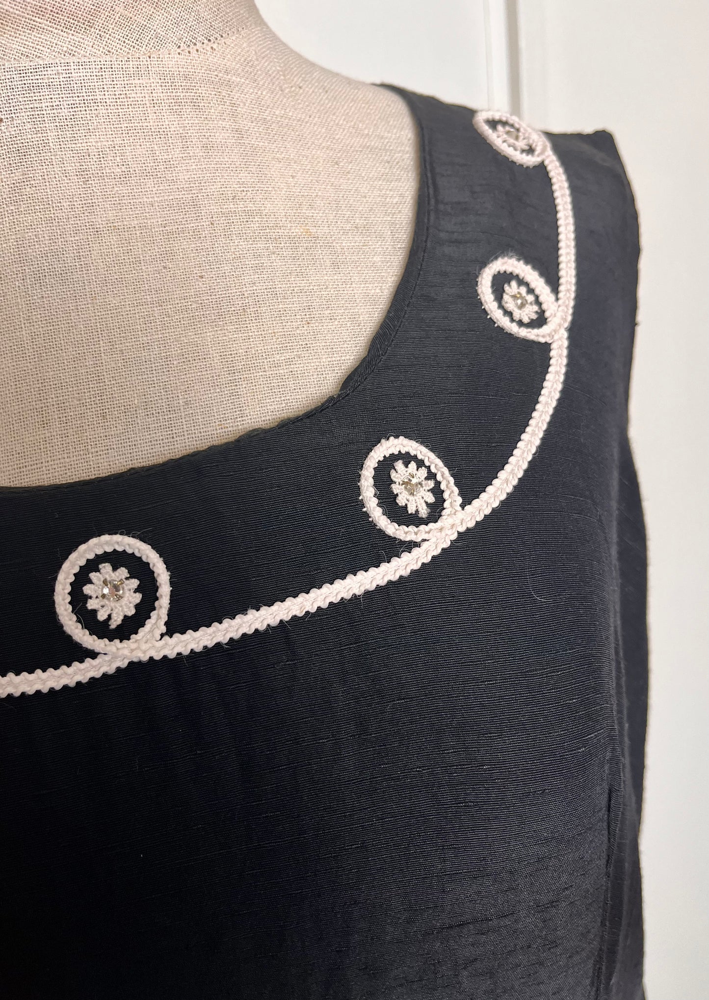 Vintage 1950's Black Sleeveless Embellished Scoop Neckline Midi Dress