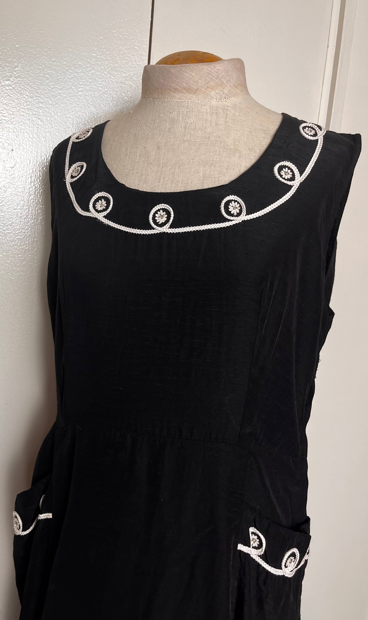 Vintage 1950's Black Sleeveless Embellished Scoop Neckline Midi Dress