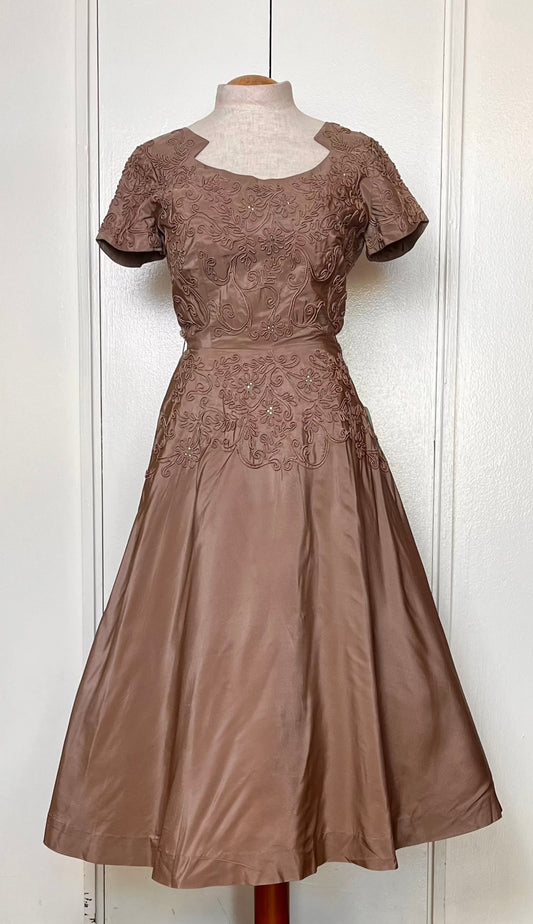 Vintage 1950's "Reich Original of Chicago" Taupe and Embellished Satin Fit N Flare Dress