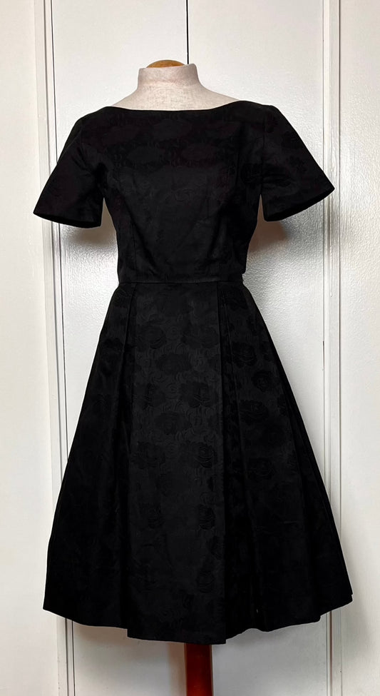 Vintage 1950's Black Embossed Rose Cotton Fit N Flare Dress