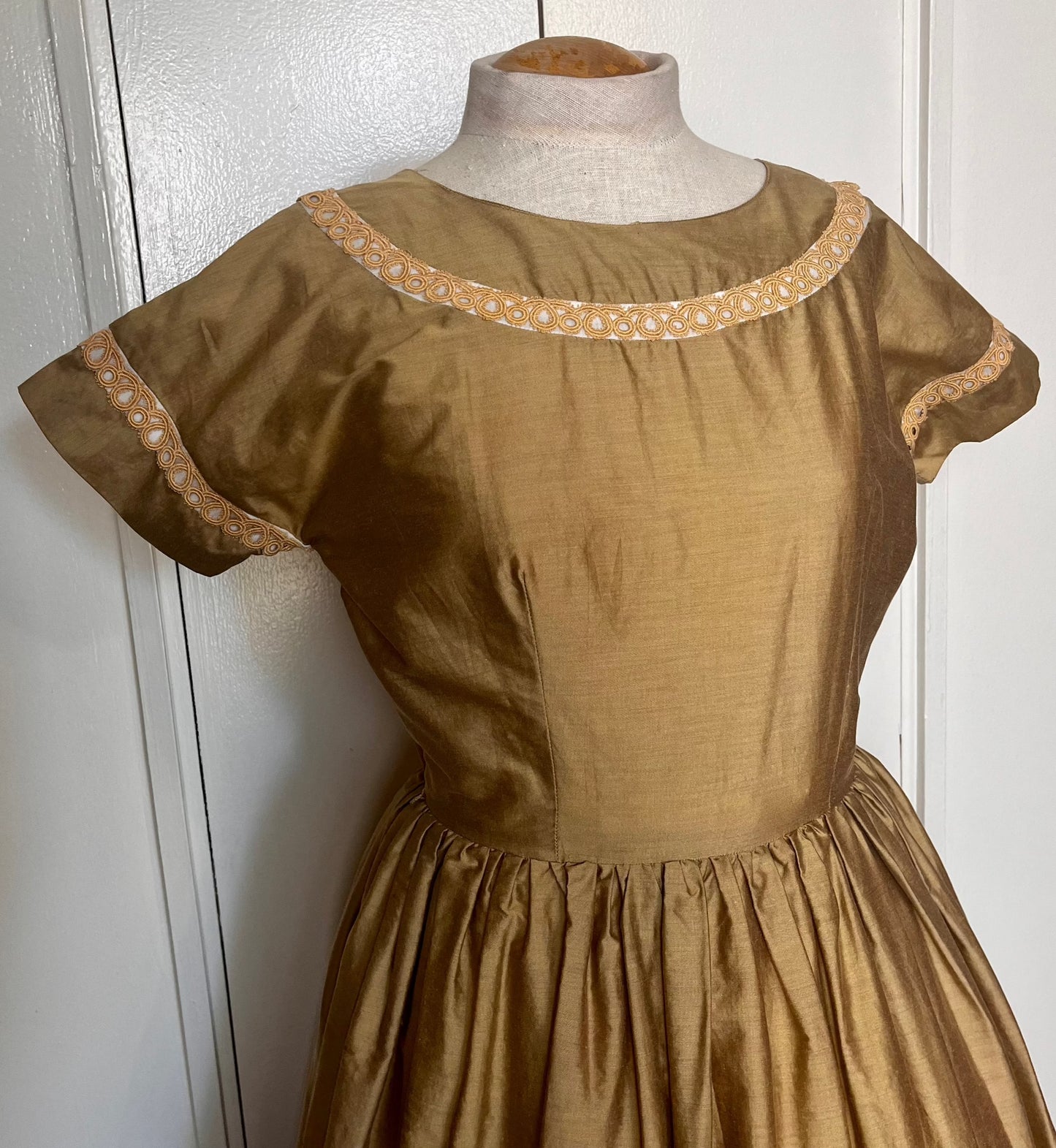 Vintage 1950's "Carole King" Brown Satin and Embellished Fit N Flare Dress