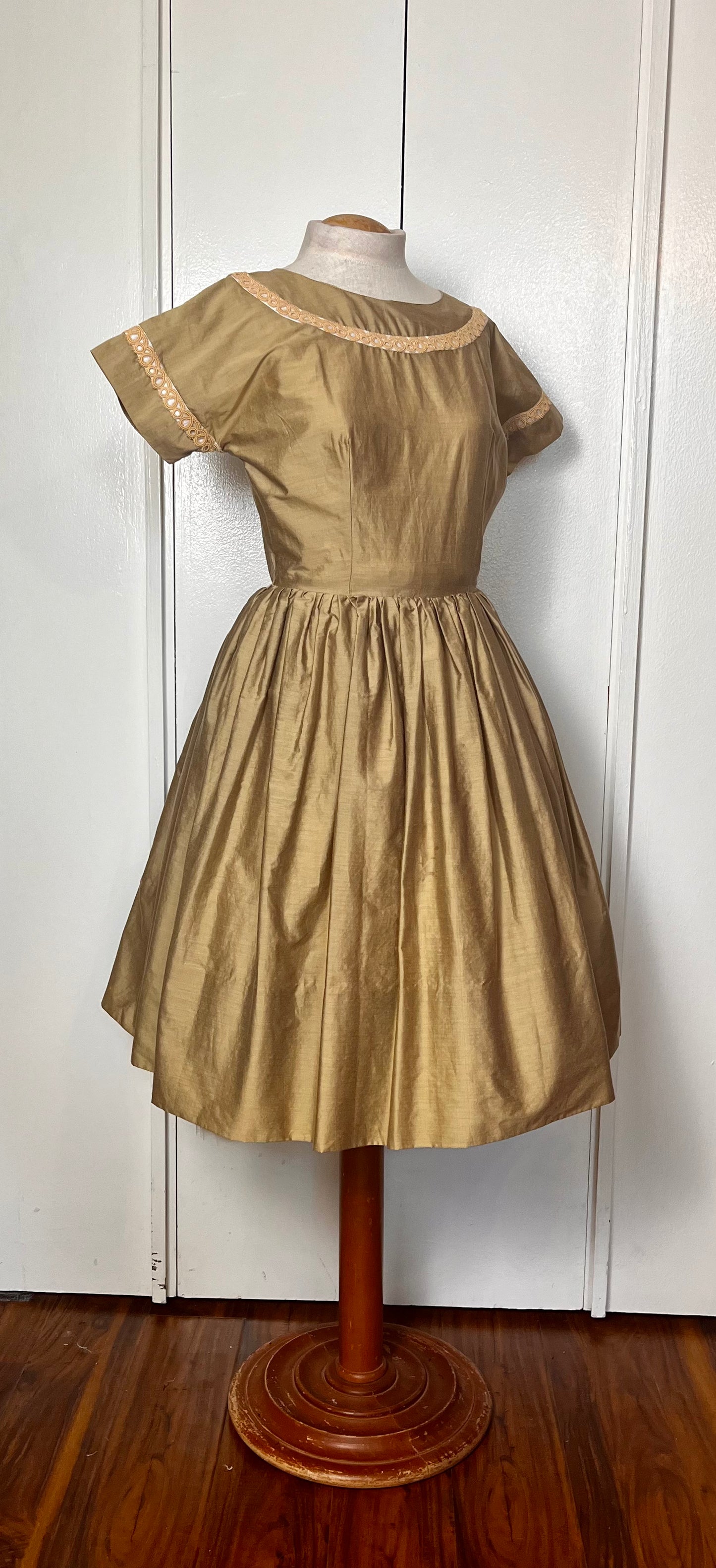 Vintage 1950's "Carole King" Brown Satin and Embellished Fit N Flare Dress
