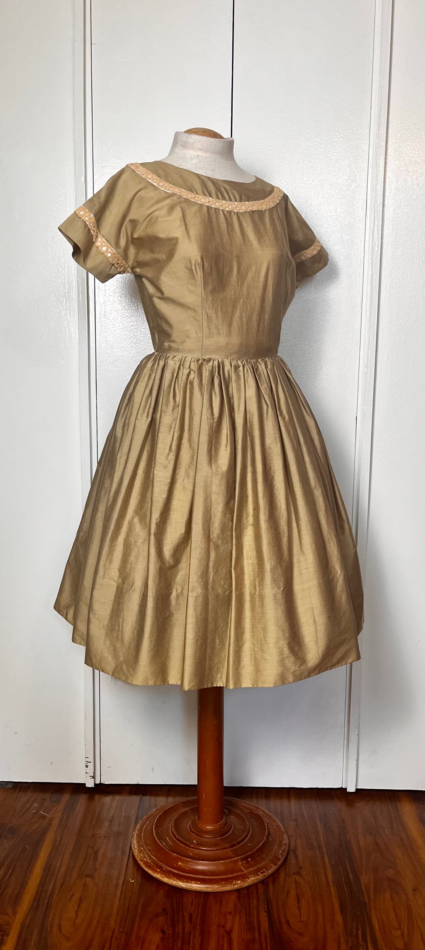 Vintage 1950's "Carole King" Brown Satin and Embellished Fit N Flare Dress