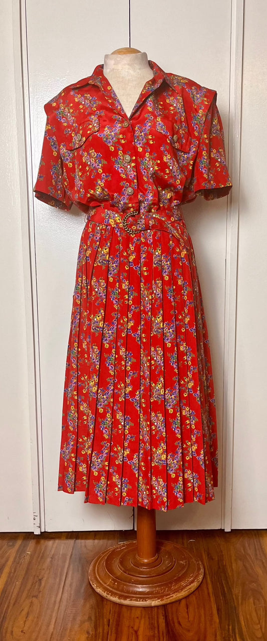 Vintage 1980's does 40's "Leslie Fay" Red Floral Button-up Dress